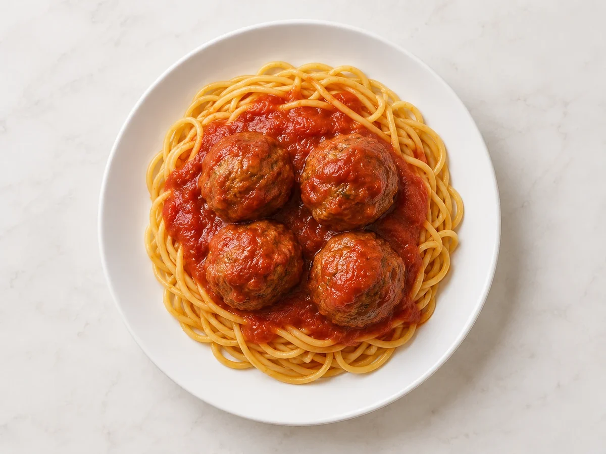 Fotografía de Espagueti con albóndigas en salsa de tomate