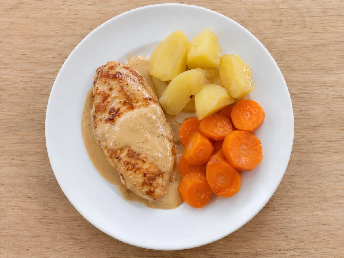 Pechuga de pollo con salsa beige de maní, papas en trozos y zanahorias en rodajas sobre plato blanco.