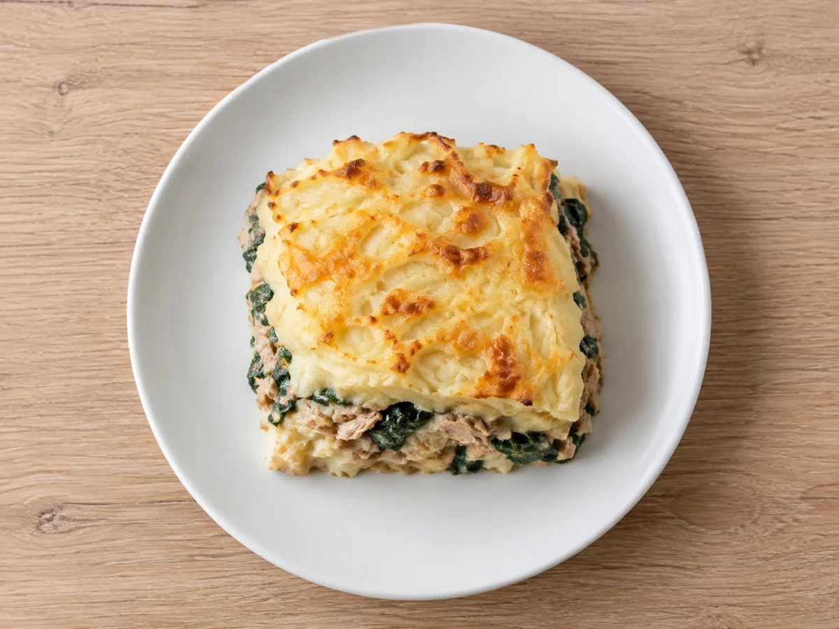Porción cuadrada de pastel de papa dorado con relleno visible de atún y espinaca en plato blanco.