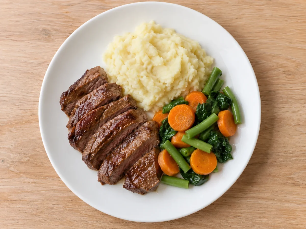 Carne de res asada en láminas con puré de papa y vegetales de zanahoria, vainitas y espinaca.