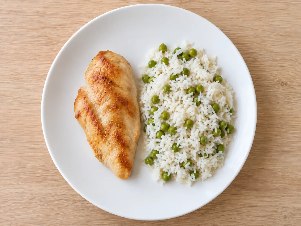 Pechuga de pollo dorada acompañada de arroz blanco mezclado con arvejas en plato blanco cenital.