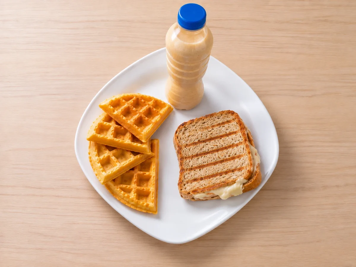 Waffle cortado en cuatro cuartos junto a sánduche tostado de pan integral con queso y una botella pequeña de batido de banano.