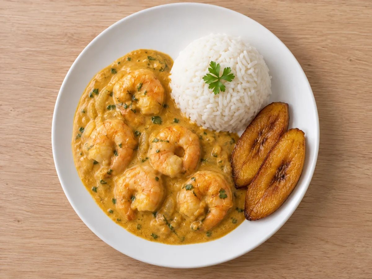 Encocado de camarón con arroz blanco y maduro, sin vainitas.