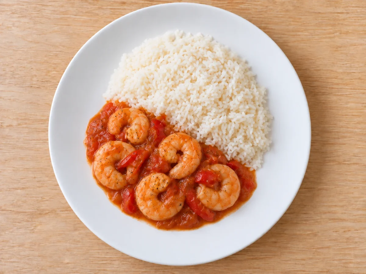 Camarones en salsa roja de tomate y pimiento junto a arroz blanco en plato blanco.