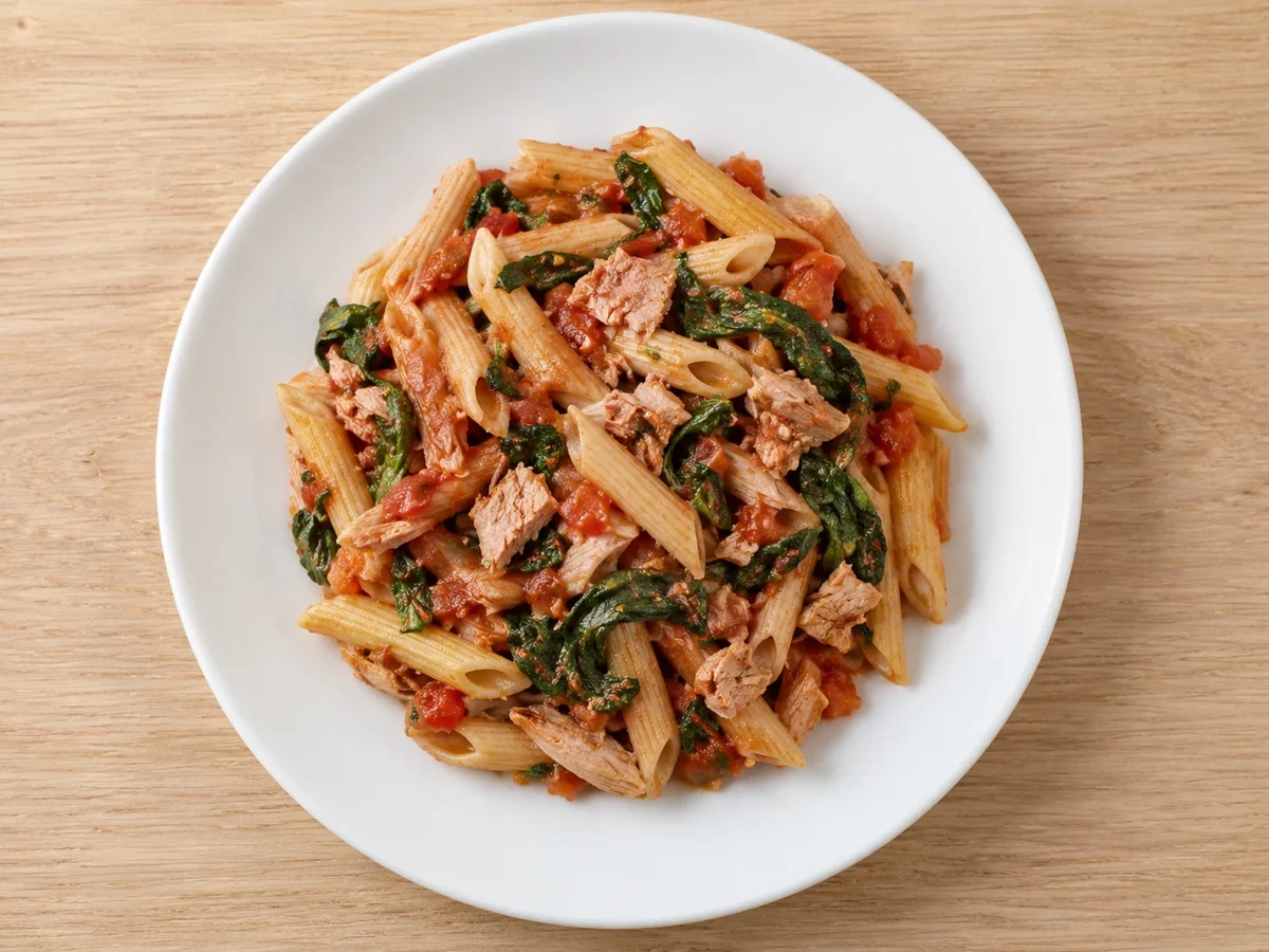 Pasta corta con trozos de atún, salsa de tomate y espinaca servida en plato blanco.