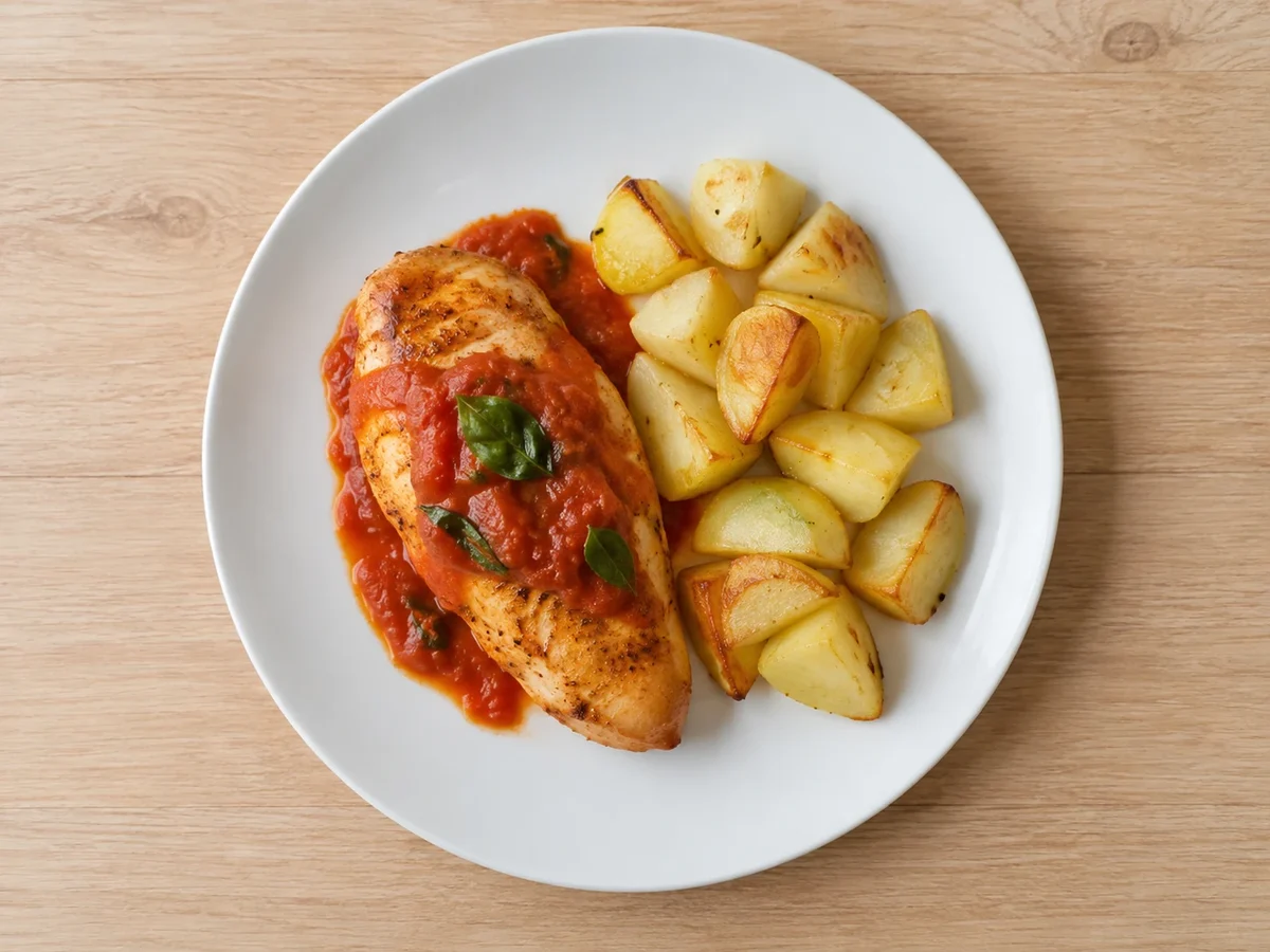 Pechuga de pollo con salsa roja de tomate y albahaca junto a papas doradas en plato blanco.