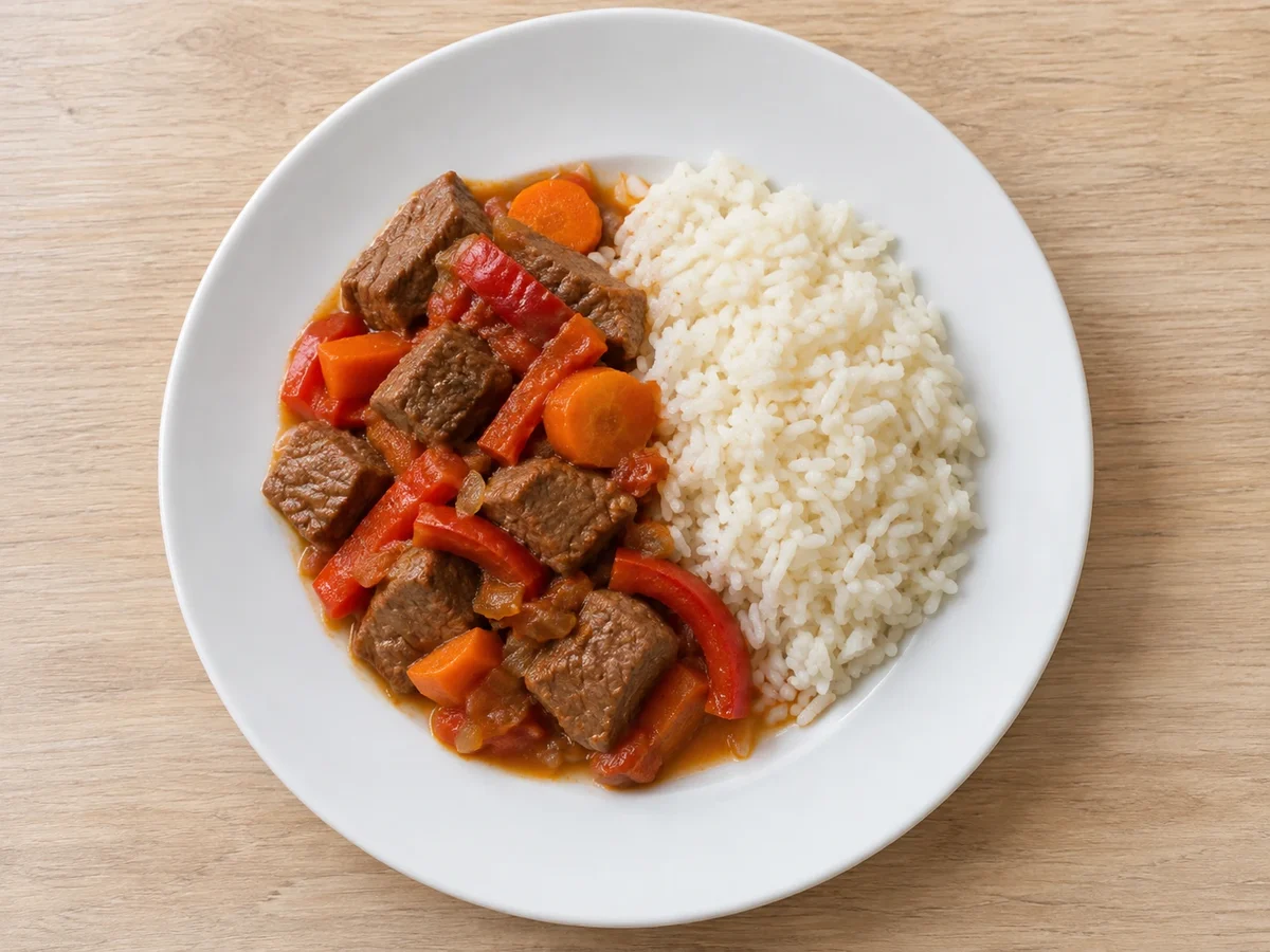 Carne de res guisada en cubos con pimiento rojo y zanahoria junto a arroz blanco.