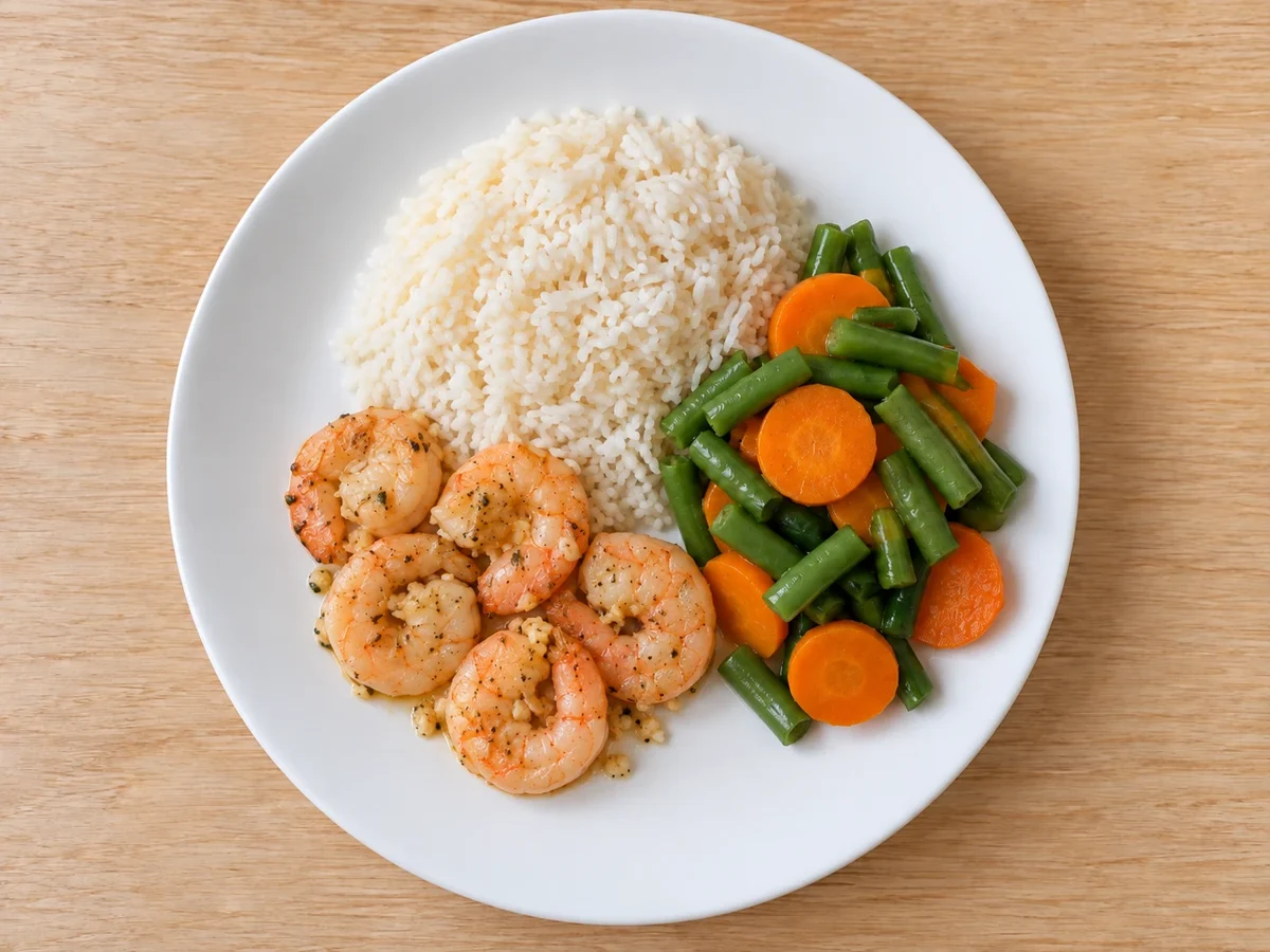 Camarones salteados con arroz blanco y vegetales de zanahoria y vainitas en plato blanco.