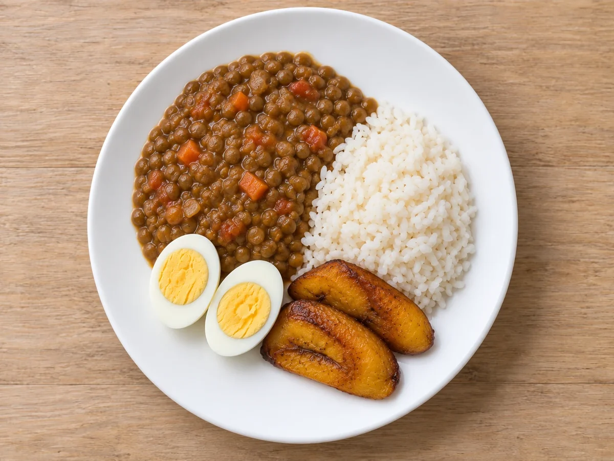 Lentejas estofadas con arroz blanco, un huevo cocido cortado en dos y tres piezas de maduro dorado.