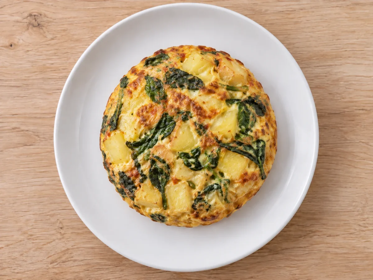 Frittata redonda dorada con trozos de papa y espinaca visible, servida sola en plato blanco.