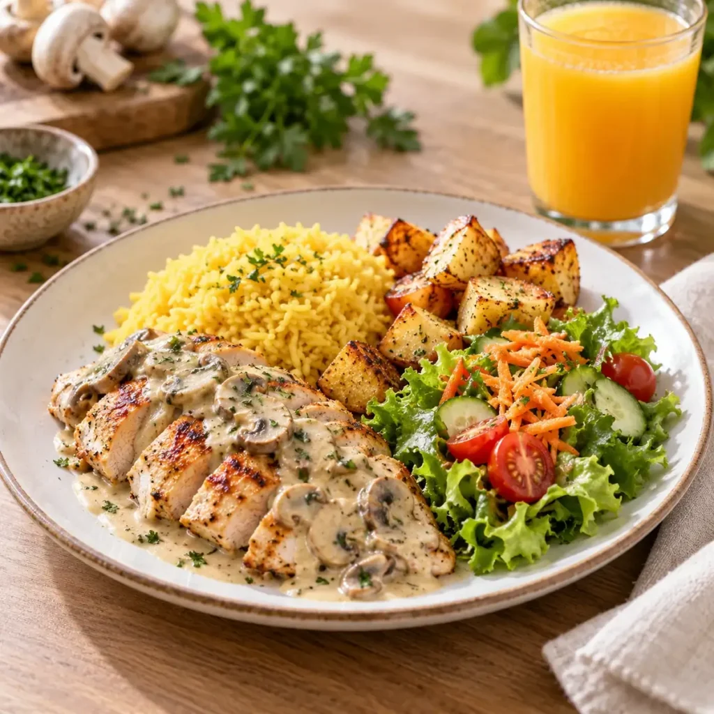 Almuerzo con pollo en salsa de champiñones, arroz, papas y ensalada.