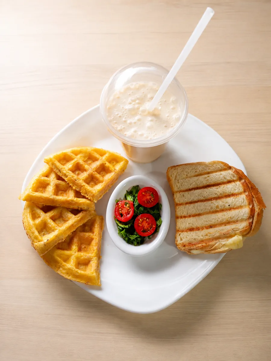 Combo Waffle de Pollo + Sándwich + Batido de Banano