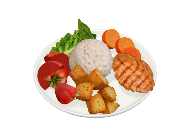 Ilustración 3D de verduras, arroz y pollo sobre un plato