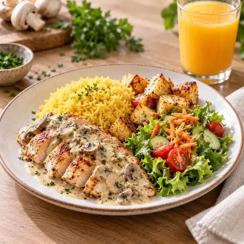 Pollo en salsa de champiñones con arroz, papas, ensalada y jugo