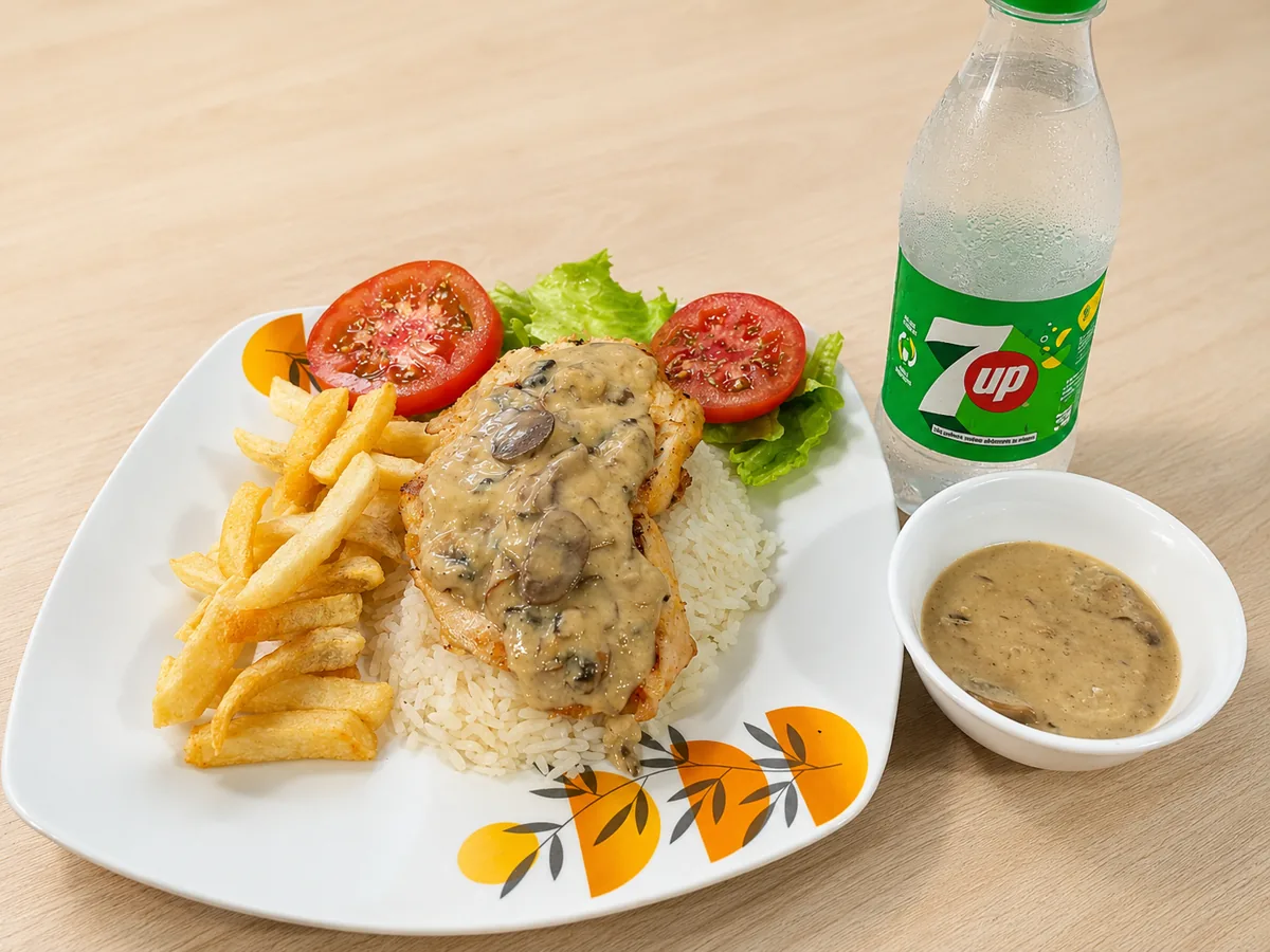 Pollo con Salsa de Champiñones + gaseosa